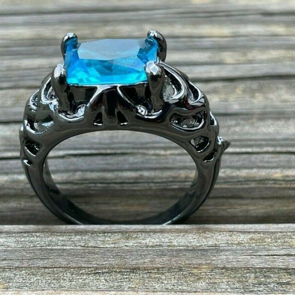 Fashion Ring Black Tone Faux Blue Stone Women Rings Fashion Jewelry Size 7.5 - Picture 4 of 12